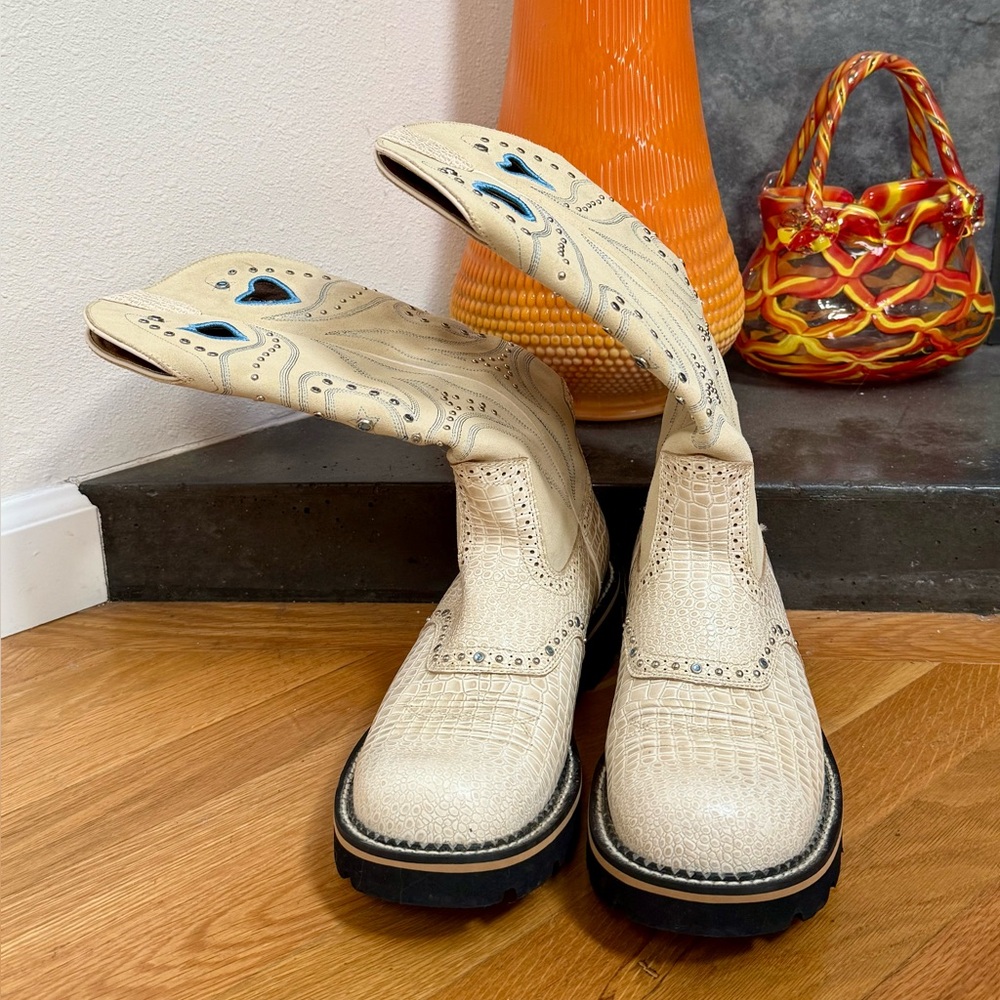 ARIAT Hearts Cowboy Cowgirl Boots FATBOY BABY BUCK Cream Bone Gator Leather - Picture 12 of 17
